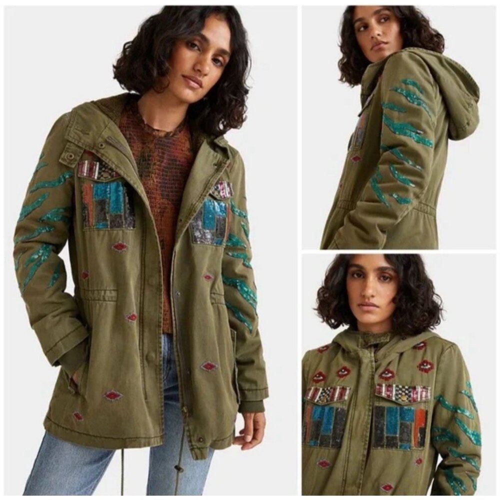 Nwt Desigual Flix 2 In 1 Military Parka Jacket Sequins Size 32 Detach Line Small